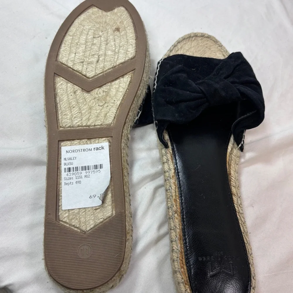 Marc Fisher Valey Slide Sandals Women 11 Black Suede Bow Espadrille Flat MLVALEY